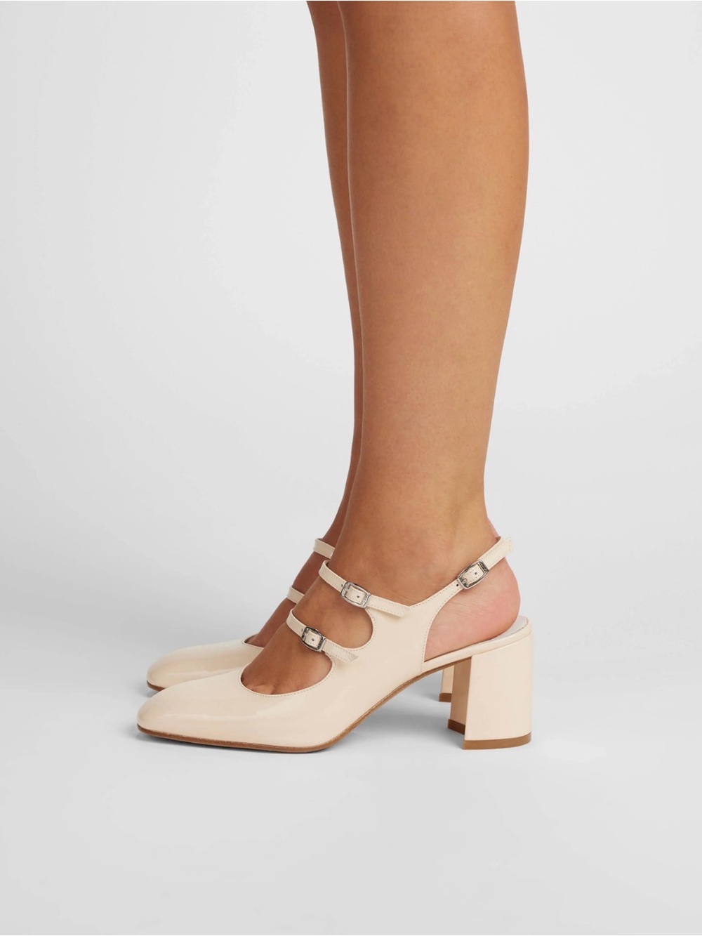 CAREL Paris Cream Patent Mary Jane Slingback Heels with Double Straps